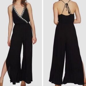 1. State Women Black White Embroidered Halter High-Slit Jumpsuit Size S